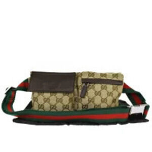 Gucci Sherry Waist Pouch Clutch Bag GG Brown Green Red Canvas Leather